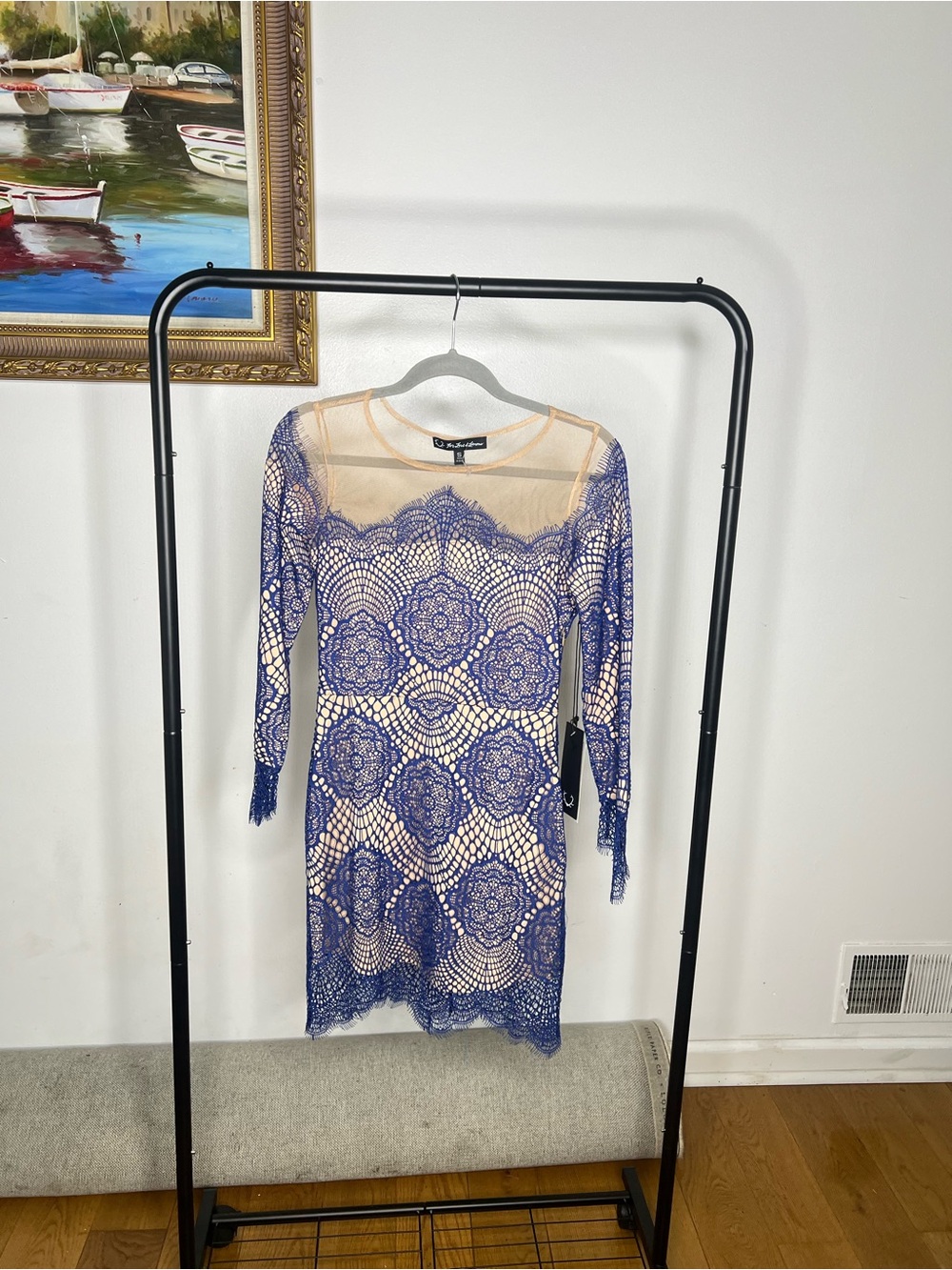 For Love & Lemons Blue Lace Long Sleeve Sheath Dress with Nude Lining